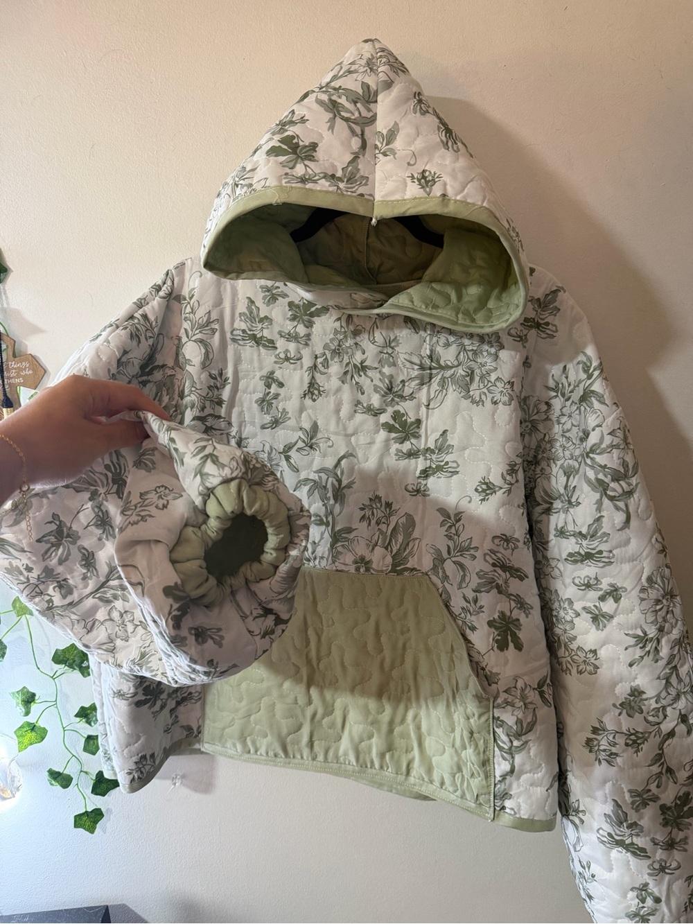Handmade Quilted Floral Hoodie in Sage Green
